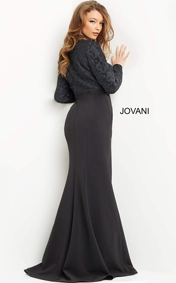 Jovani 07552 Black Long Sleeve Front Slit Evening Gown
